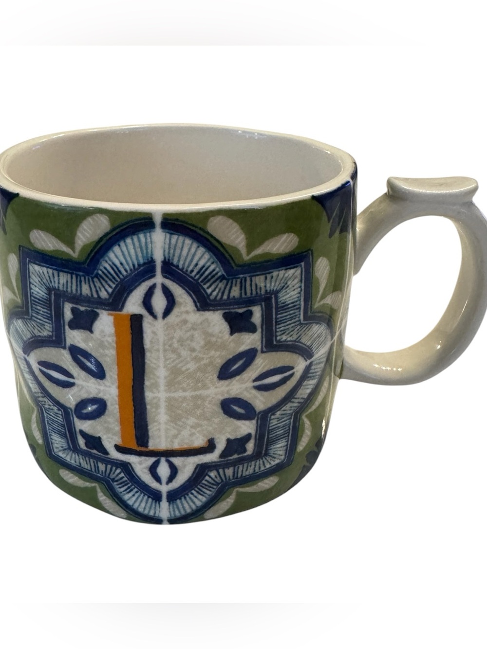 Anthropologie Green Blue Mezze Monogram “L” Initial Mediterranean Tile Mug